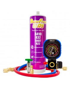 Gas refrigerante Ralerfresh RS sustituto de los gases R410, R32, R407 y R22 mas manómetro, mangueras, llave y adaptador