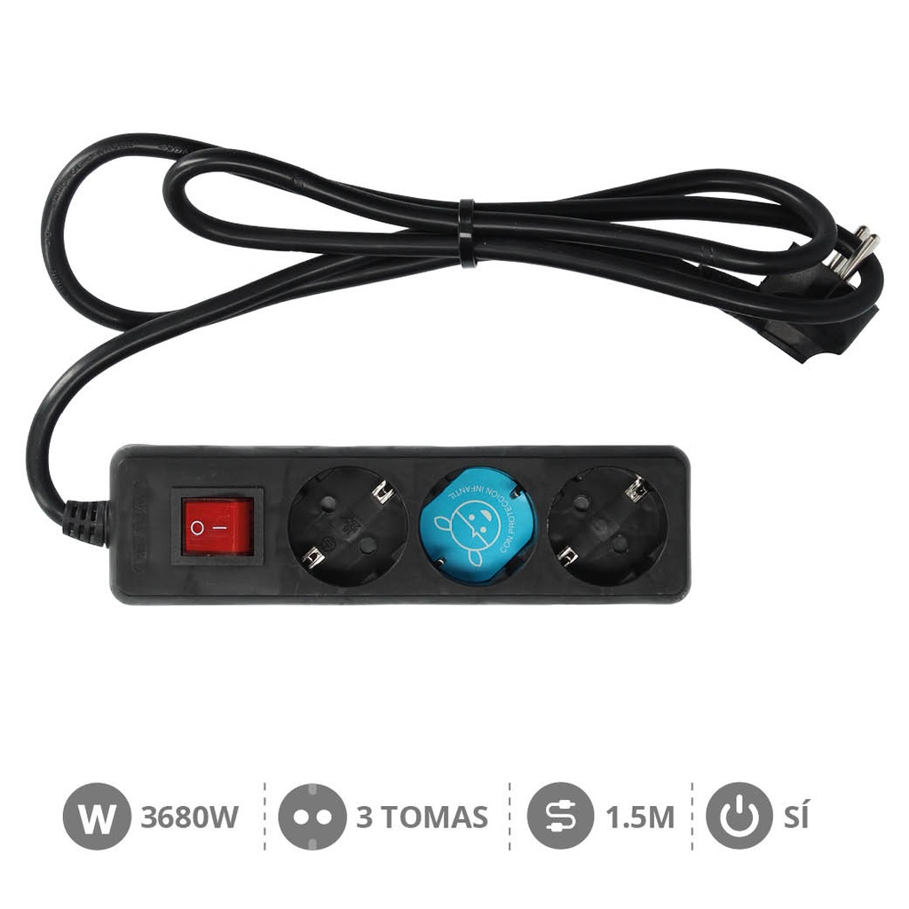 Base multiple 3 Tomas con interruptor (3x1.5mm) 1,5M Negro