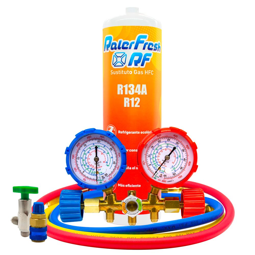 Gas Refrigerante Ralerfresh RF sustituto del gas R12 y R134A mas llave, manometro R134 y conector rapido