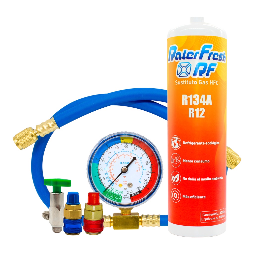 Gas Refrigerante Ralerfresh RF para aire acondicionado, sustituto del gas R12 y R134A mas manometro con manguera y conectores