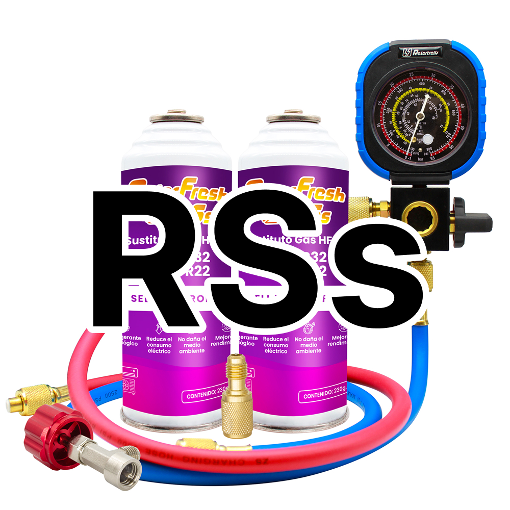 Gas refrigerante Ralerfresh RSs Compacto sustituto de los gases R410, R32, R407 y R22 mas manómetro, mangueras y adaptador