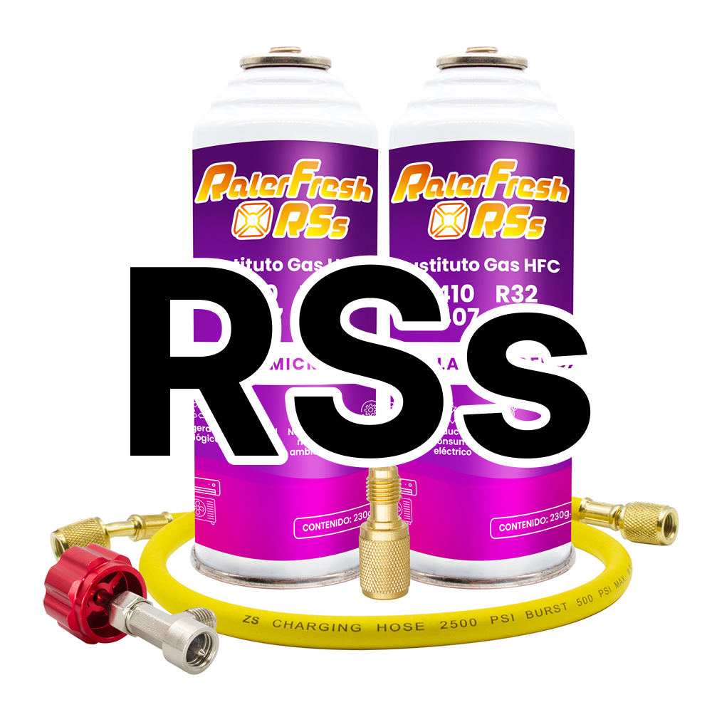 2 Botellas Gas Refrigerante Ralerfresh RSs para aire acondicionado split sustituto de gases R410,R32,R407 y R22 con manguera