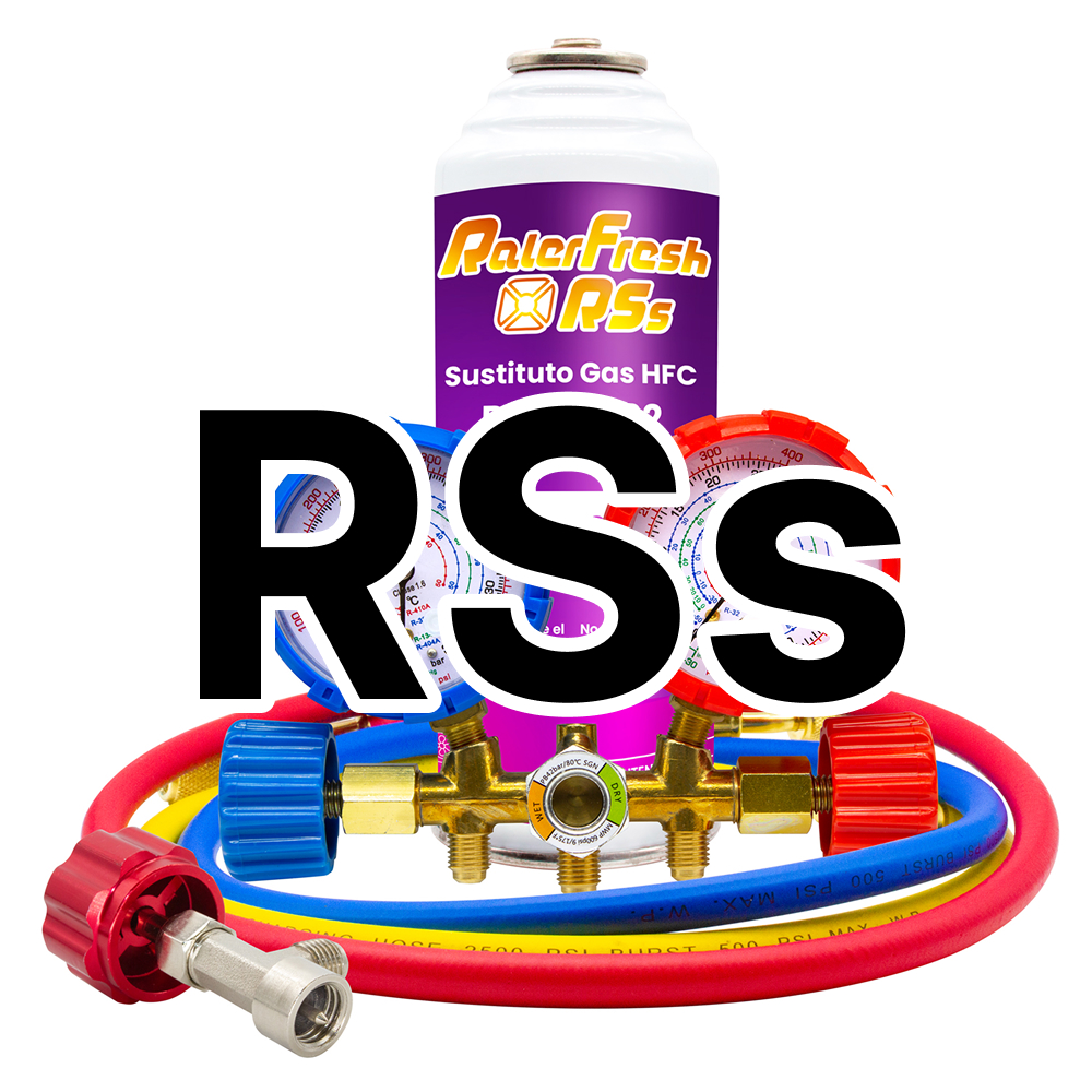 Gas refrigerante Ralerfresh RSs Compacto sustituto de R410, R32, R407 y R22 mas Llave, Mangueras, Manometro