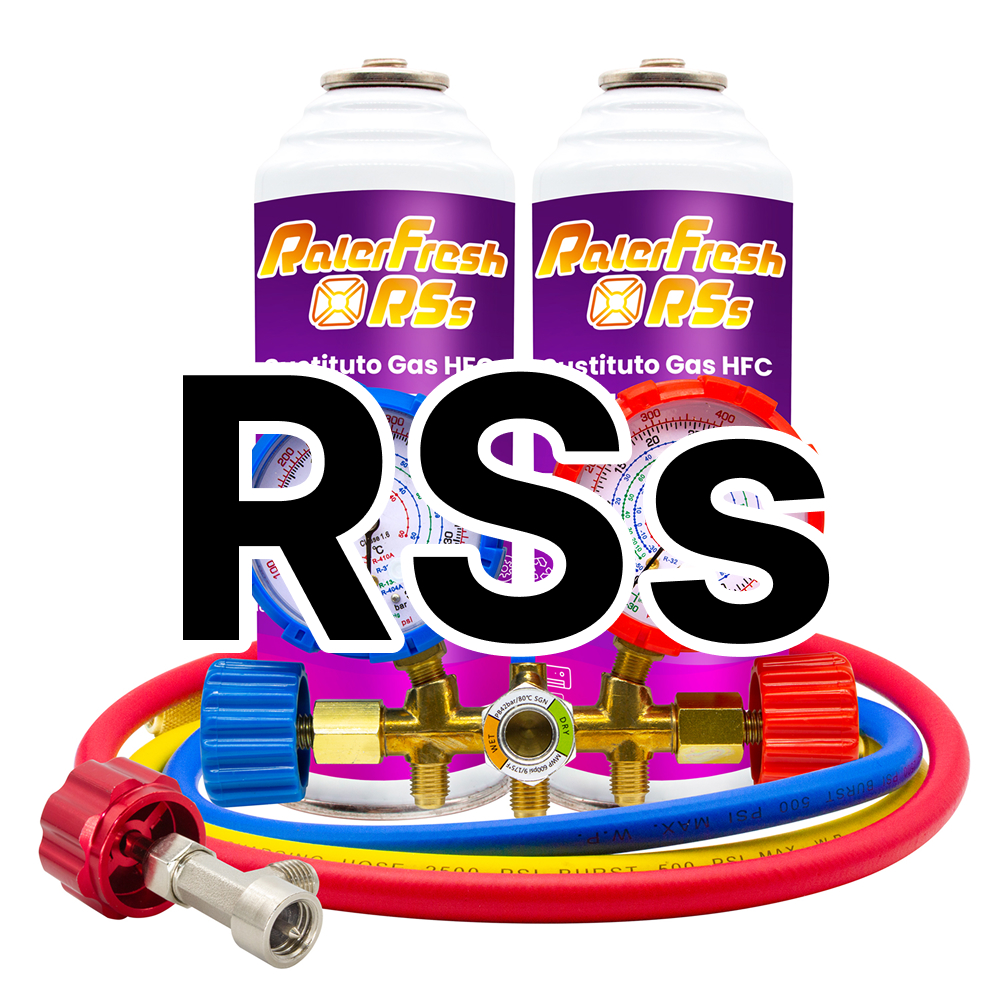 Pack 2 Gas refrigerante Ralerfresh RSs Compacto sustituto de R410, R32, R407 y R22 mas Llave, Mangueras, Manometro