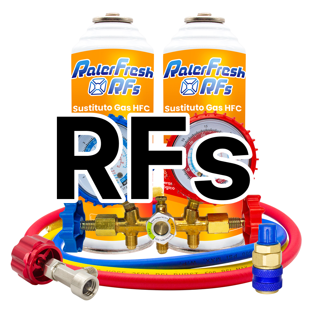 2 Gas Refrigerante Ralerfresh RFs para aire acondicionado de coche o nevera, sustituto del gas R12 y R134A con kit Manometro