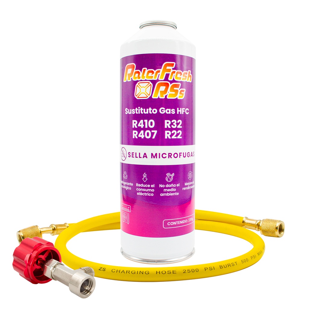 Gas Refrigerante Ralerfresh RSs para aire acondicionado tipo split sustituto del R410,R32,R407 y R22 con manguera y adaptador