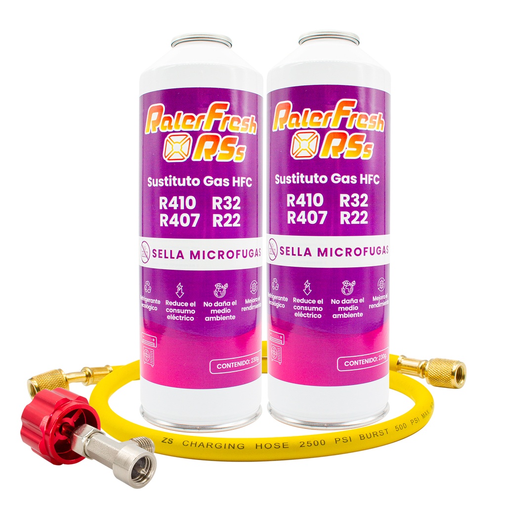 2 Botellas Gas Refrigerante Ralerfresh RSs para aire acondicionado split sustituto de R410,R32,R407 y R22 con manguera