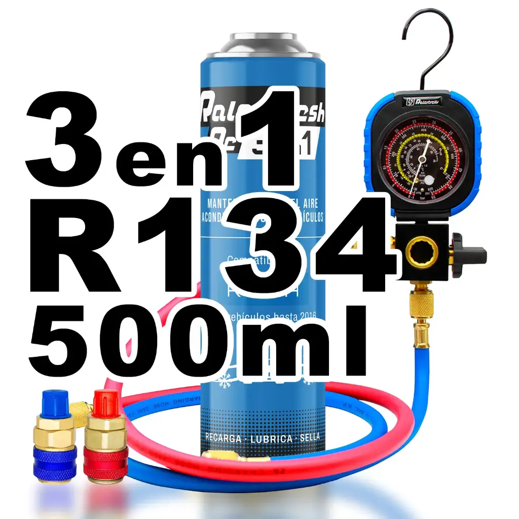 Pack Gas Refrigerante Ralerfresh RC R134A 3en1 500ml con Manometro RF31, llave y conectores