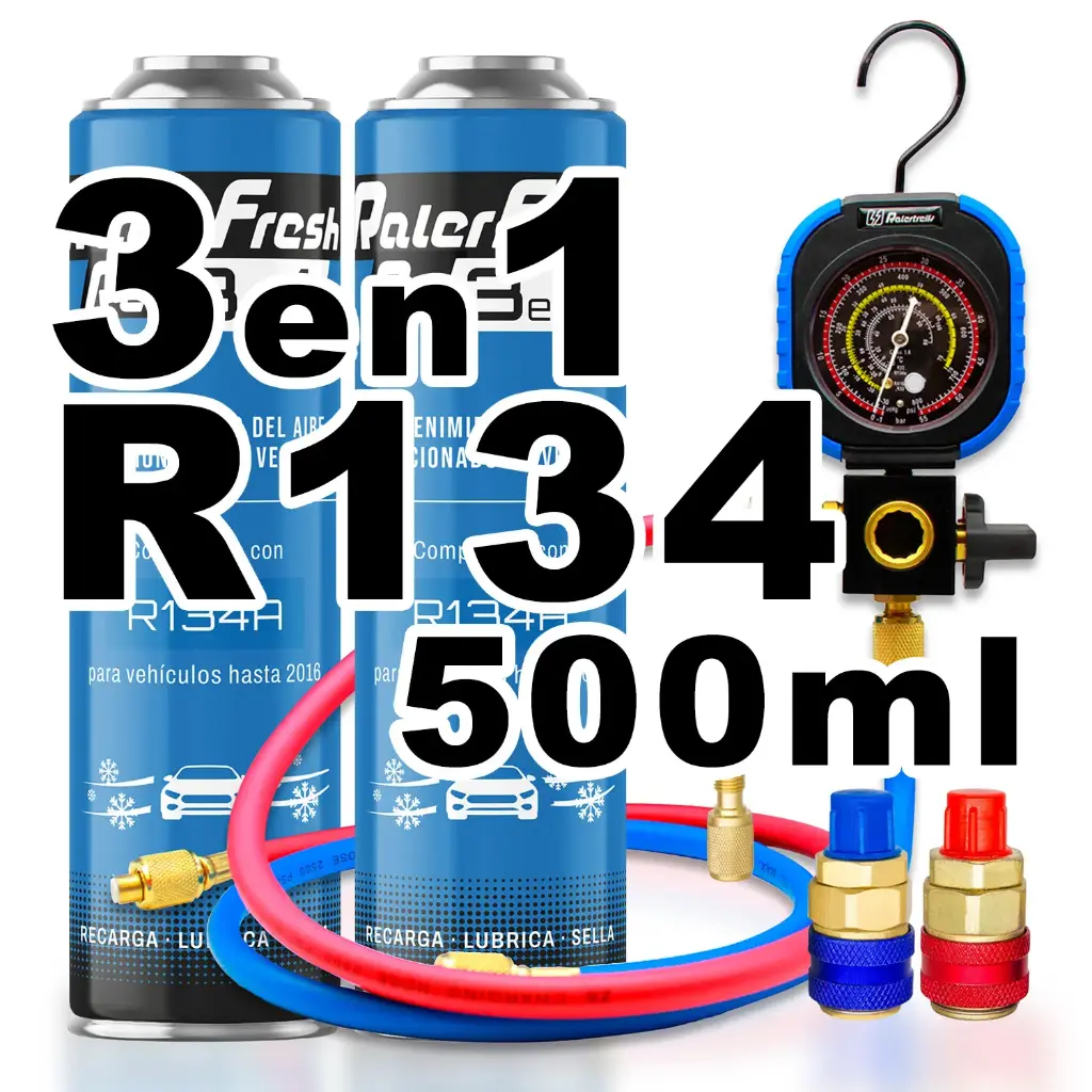 Pack gas refrigerante 2 botellas Ralerfresh RC R134 3en1 500ml con Manometro RF31, llave y conectores