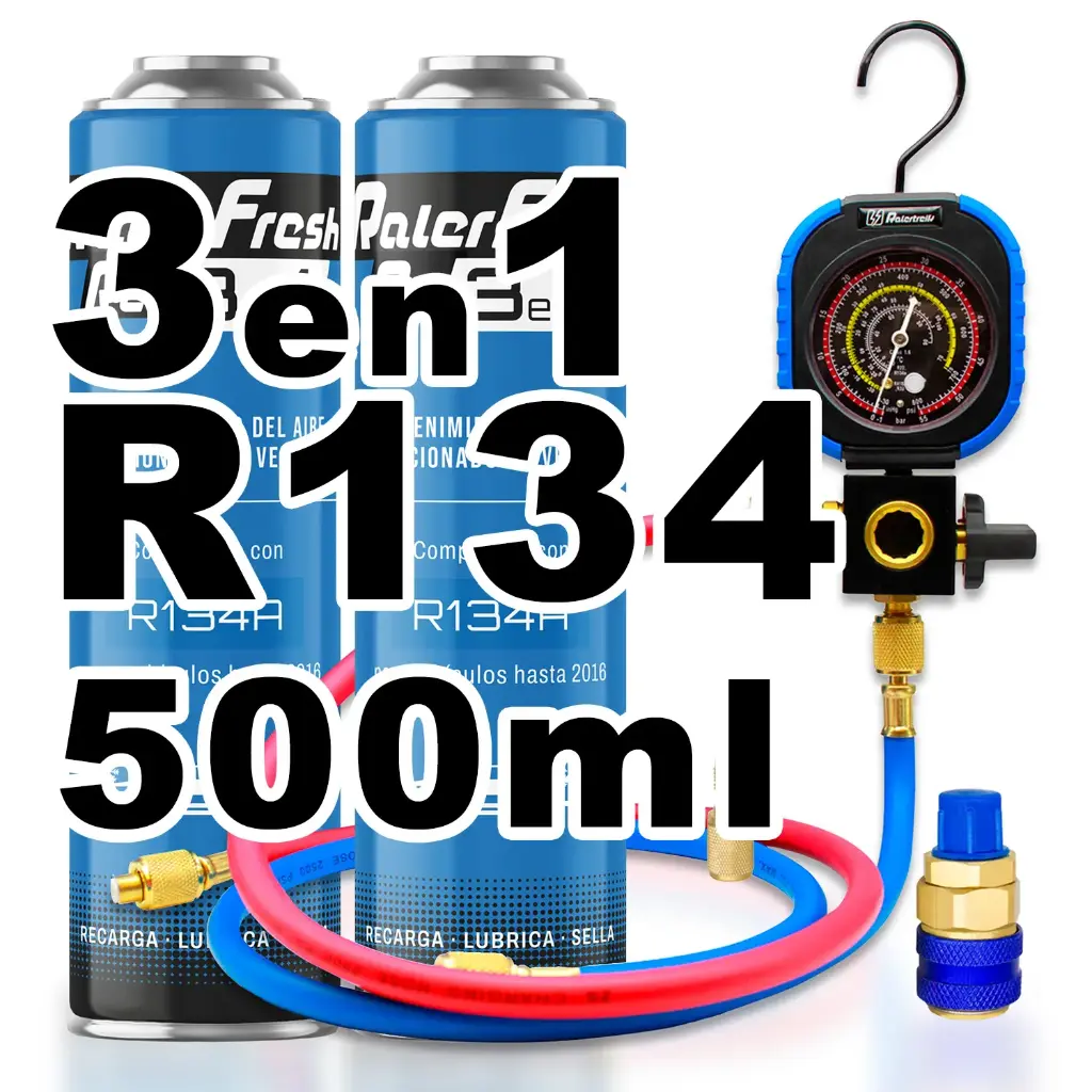 Pack gas refrigerante 2 botellas Ralerfresh RC R134 3en1 500ml con Manometro RF31, llave y conector rápido