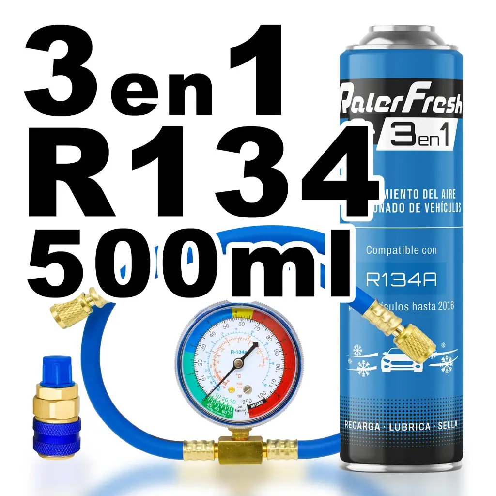 Pack Refrigerante Ralerfresh RC R134A 3en1 500ml con Manometro RF32, llave y conector rápido