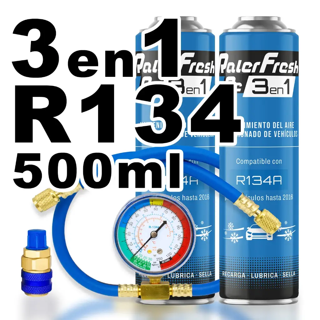 Pack gas refrigerante 2 botellas Ralerfresh RC R134A 3en1 500ml con Manometro RF32, llave y conector rápido