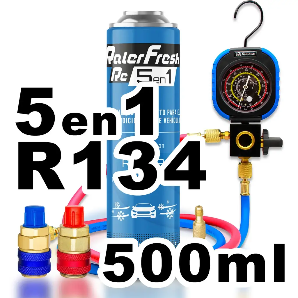 Pack gas refrigerante 1 botella Ralerfresh RC R134A 5en1 500ml con Manometro RF31 y conectores