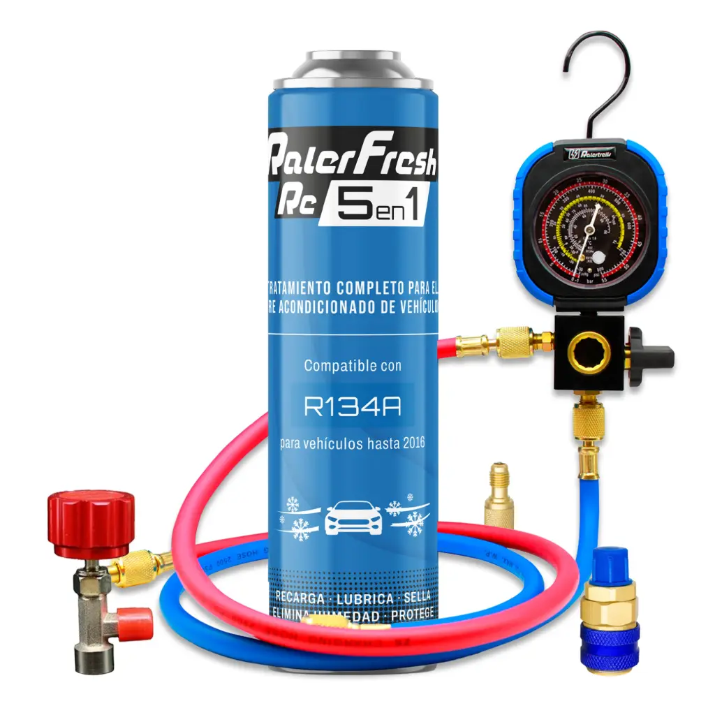 Pack gas refrigerante 1 botella Ralerfresh RC R134 5en1 500ml con llave, manómetro RF31 y conectores