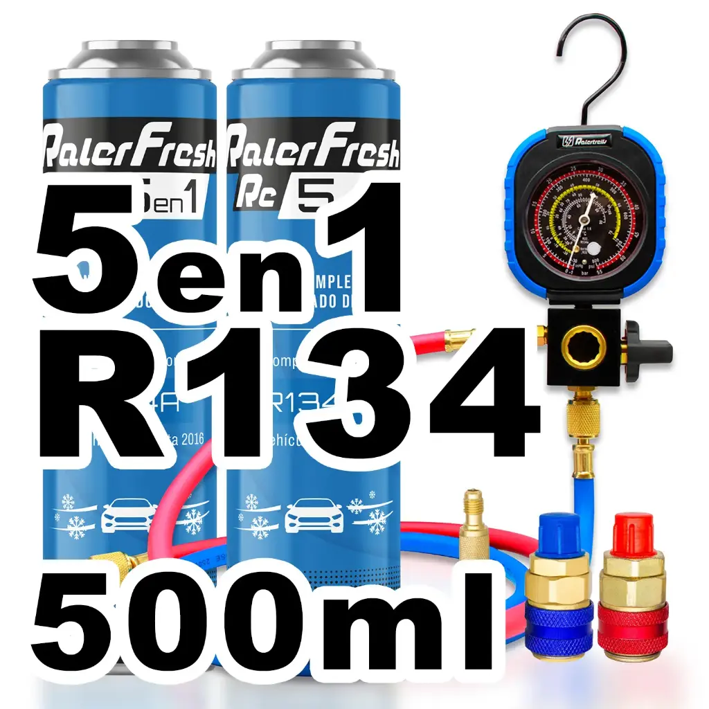 Pack gas refrigerante 2 botellas Ralerfresh RC R134A 5en1 500ml con Manometro RF31, llave y conectores