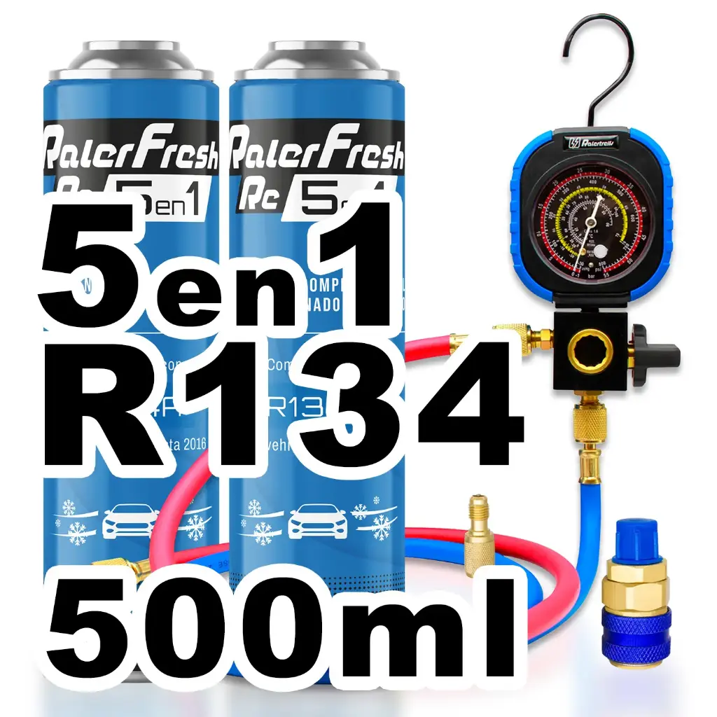 Pack gas refrigerante 2 botellas Ralerfresh RC R134A 5en1 500ml con Manometro RF31, llave y conector rápido