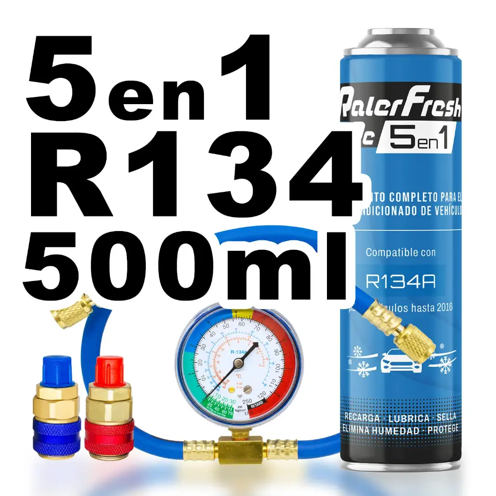 Pack gas refrigerante 1 botella Ralerfresh RC R134A 5en1 500ml con Manometro RF32, manguera y conectores