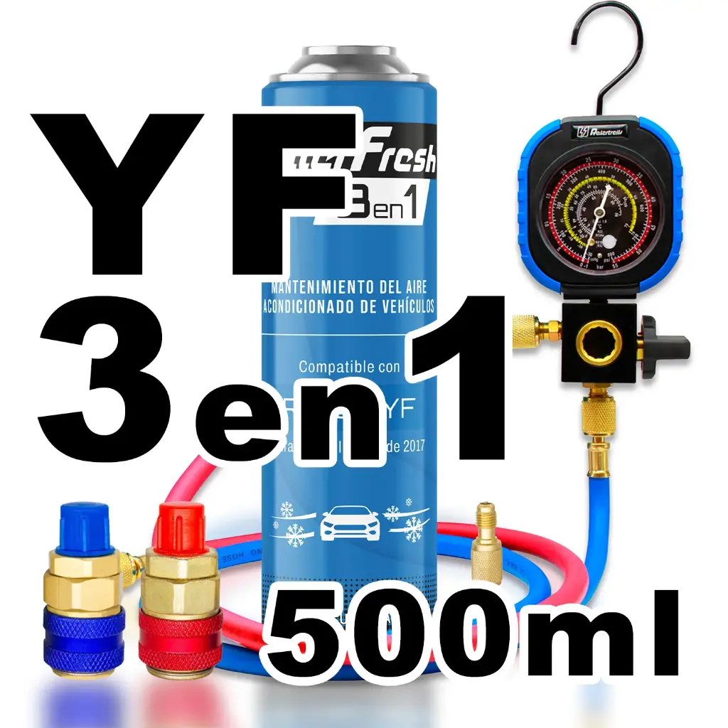 Pack Gas Refrigerante Ralerfresh RC R1234YF 3en1 500ml con Manometro RF31, llave y conectores
