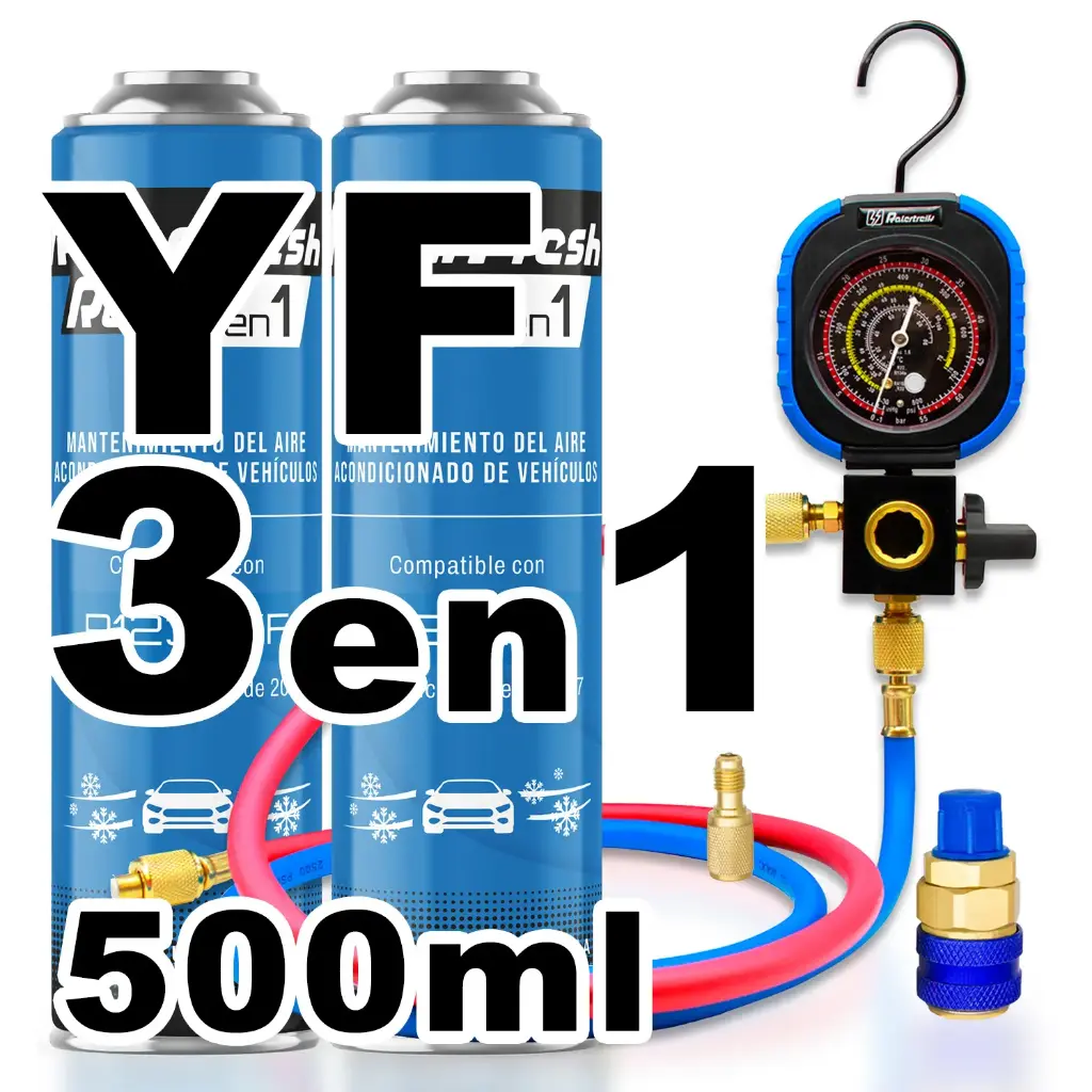 Pack gas refrigerante 2 botellas Ralerfresh RC R1234YF 3en1 500ml con Manometro RF31, llave y conector rápido