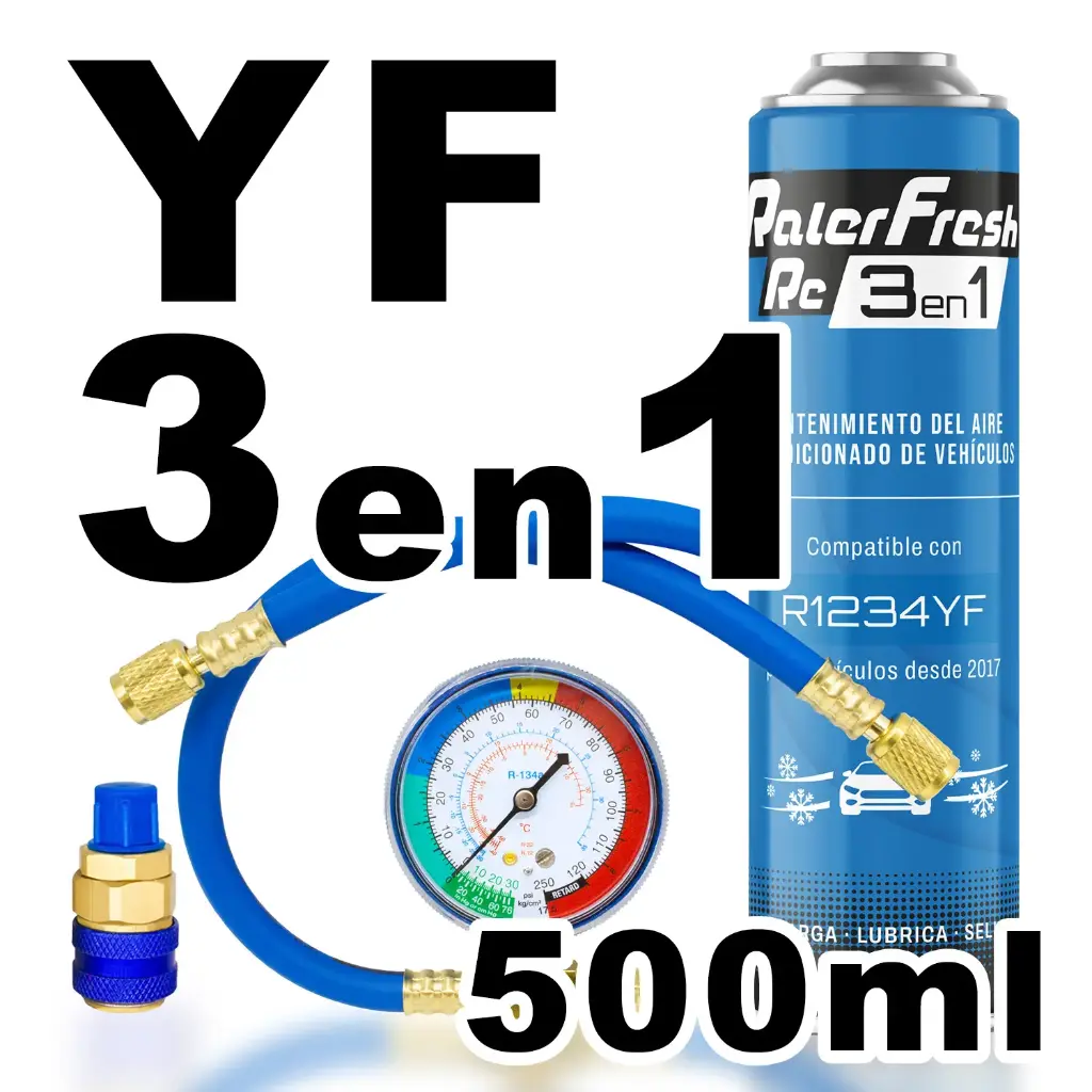 Pack Gas Refrigerante Ralerfresh RC R1234YF 3en1 500ml con Manómetro RF32, llave y conector