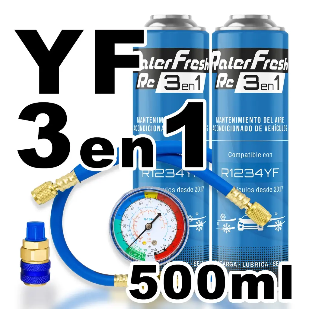 Pack gas refrigerante 2 botellas Ralerfresh RC R1234YF 3en1 500ml con Manometro RF32, llave y conector