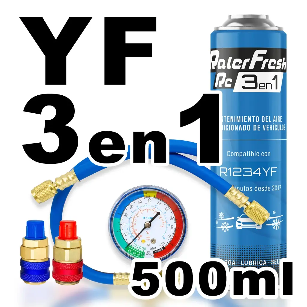 Pack Gas Refrigerante Ralerfresh RC R1234YF 3en1 500ml con Manómetro RF32, llave y conectores