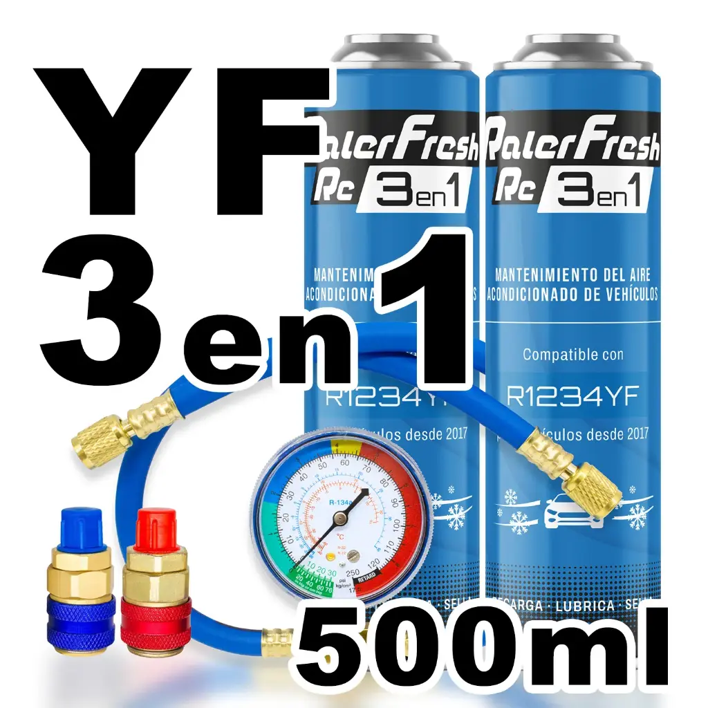 Pack gas refrigerante 2 botellas Ralerfresh RC R1234YF 3en1 500ml con Manometro RF32, llave y conectores