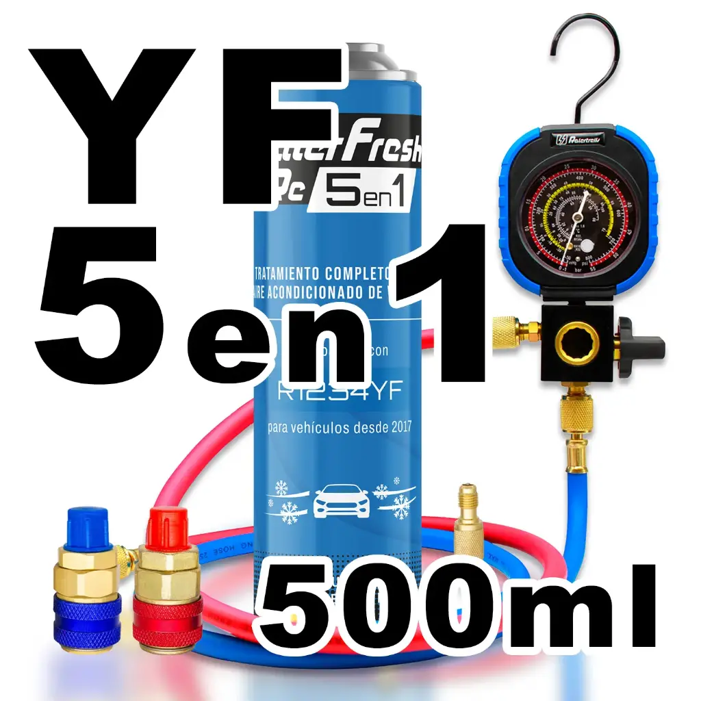 Pack gas refrigerante 1 botella Ralerfresh RC R1234YF 5en1 500ml con Manometro RF31, llave y conectores