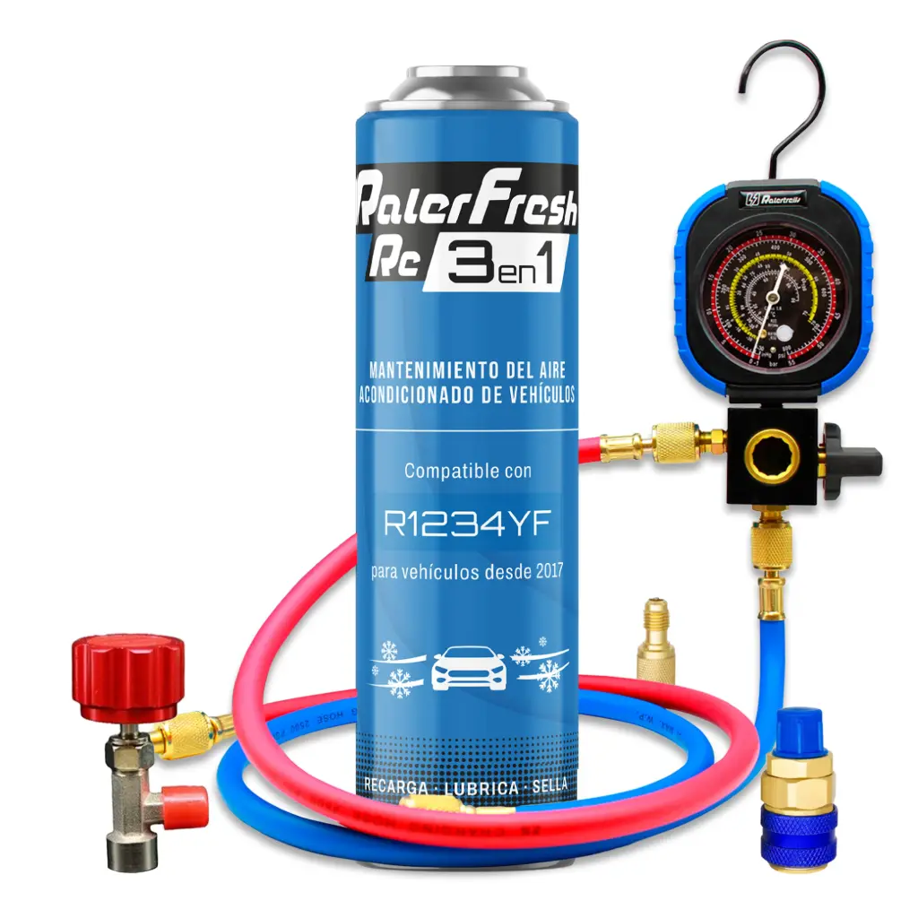 Pack Gas Refrigerante Ralerfresh RC R1234YF 5en1 500ml Manómetro RF31, llave y conector