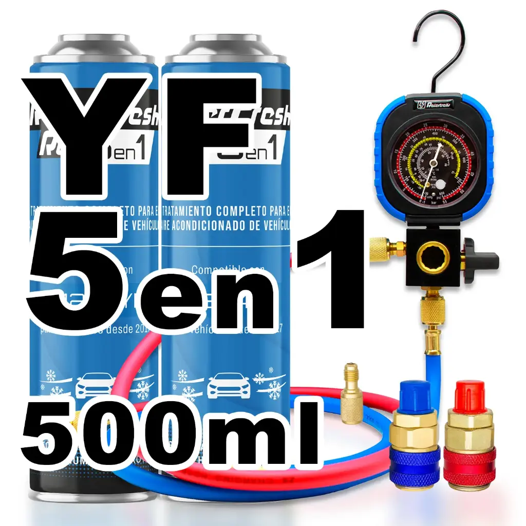 Pack gas refrigerante 2 botellas Ralerfresh RC R1234YF 5en1 500ml con Manometro RF31, llave y conectores