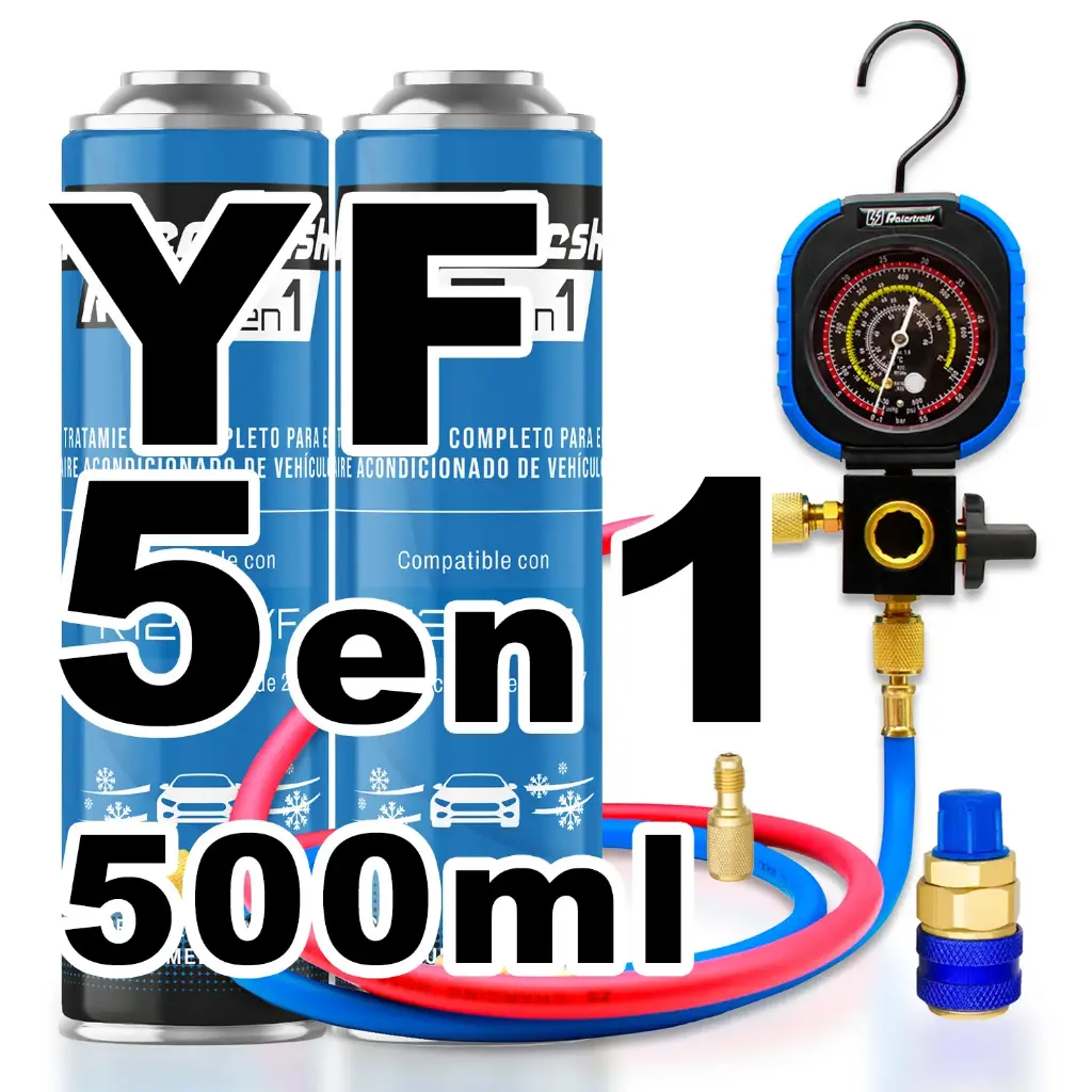 Pack gas refrigerante 2 botellas Ralerfresh RC R1234YF 5en1 500ml con Manometro RF31, llave y conector