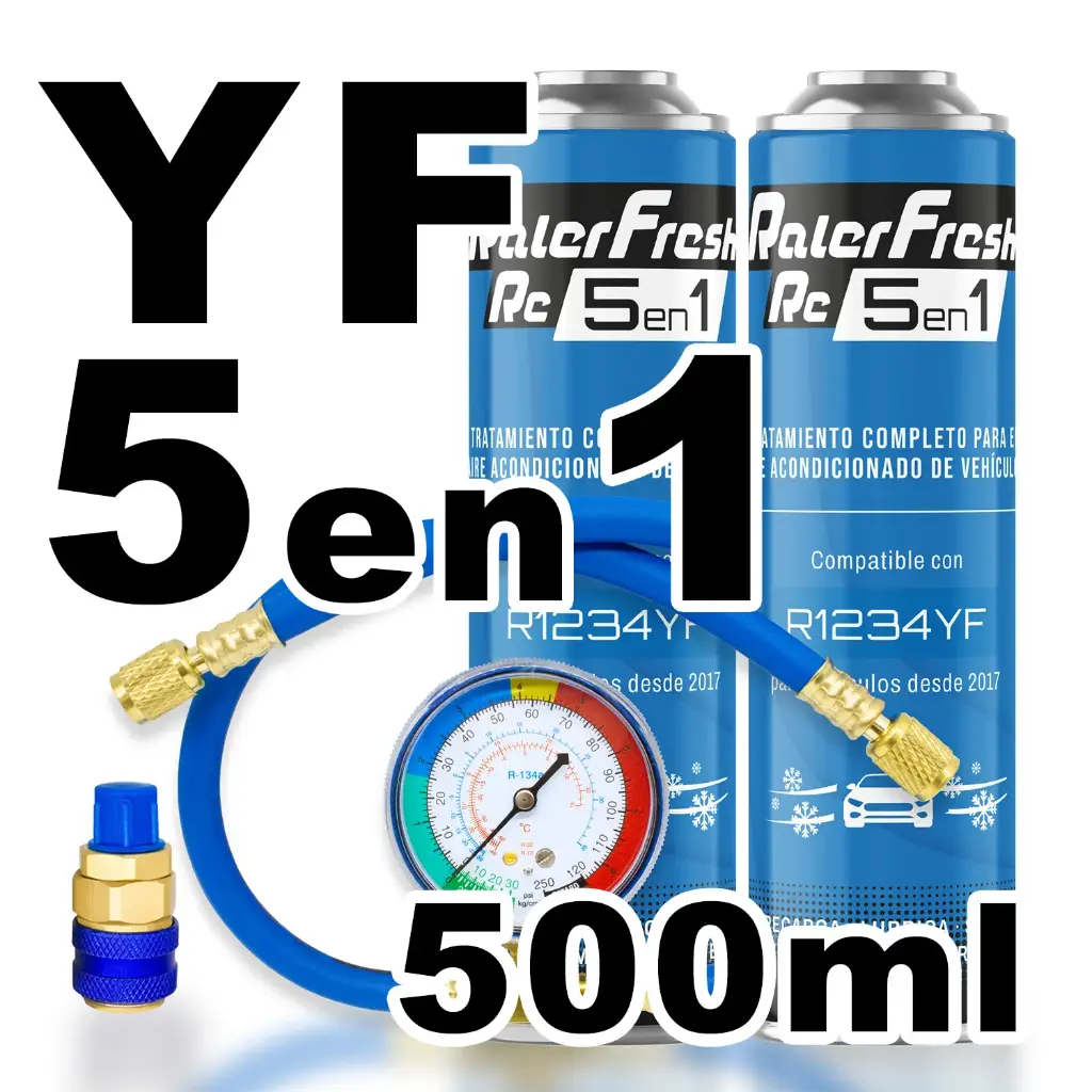Pack gas refrigerante 2 botellas Ralerfresh RC R1234YF 5en1 500ml con Manómetro RF32, llave y conector rápido