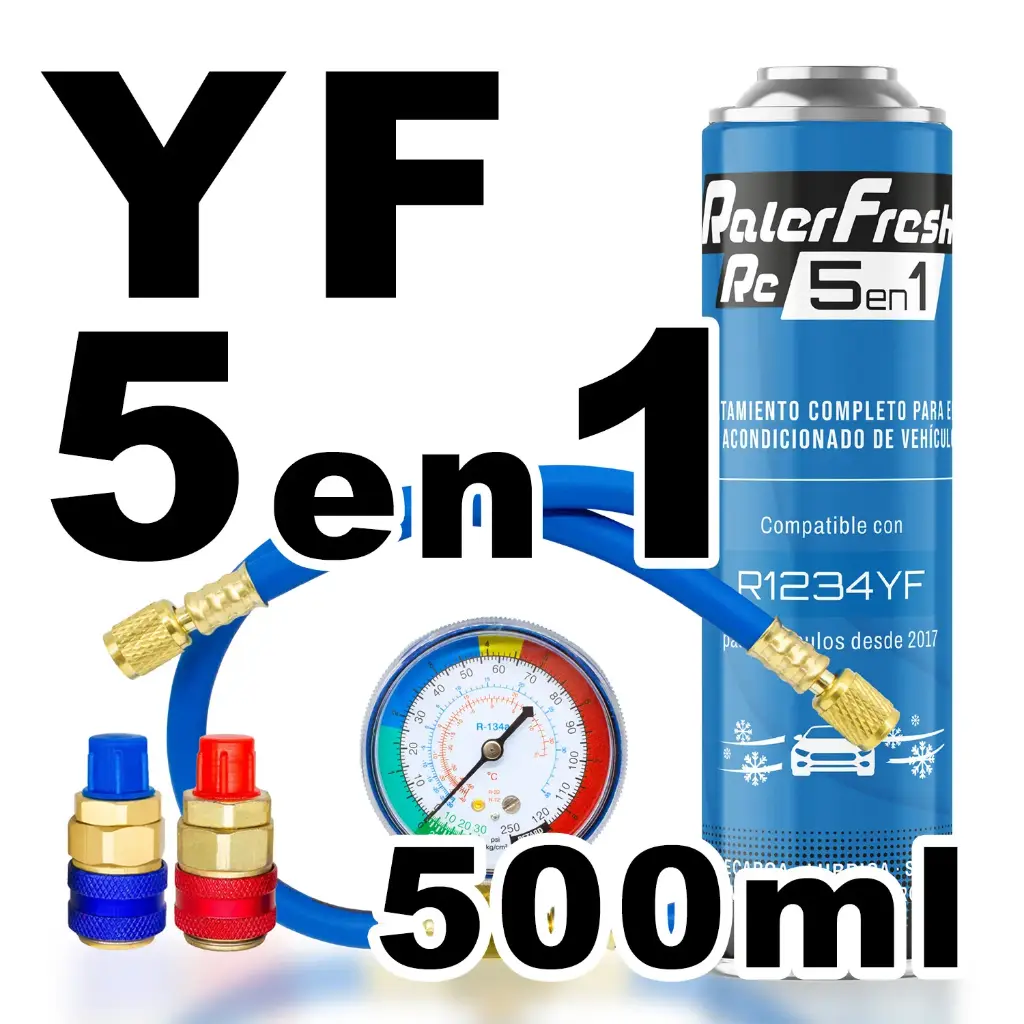 Pack gas refrigerante 1 botella Ralerfresh RC R1234YF 5en1 500ml con Manómetro RF32, llave y conectores