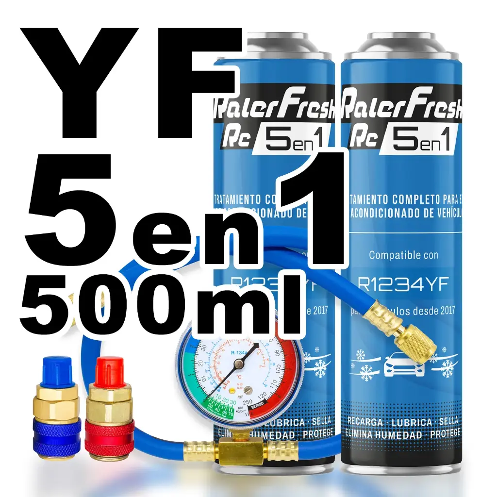Pack gas refrigerante 2 botellas Ralerfresh RC R1234YF 5en1 500ml con Manometro RF32, llave y conectores