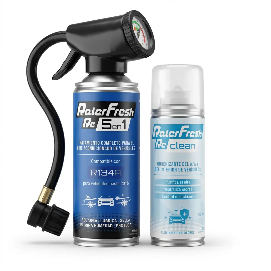 Gas Refrigerante Ralerfresh RC 5en1 400ml para sistemas con R134A con Manómetro y RcClean