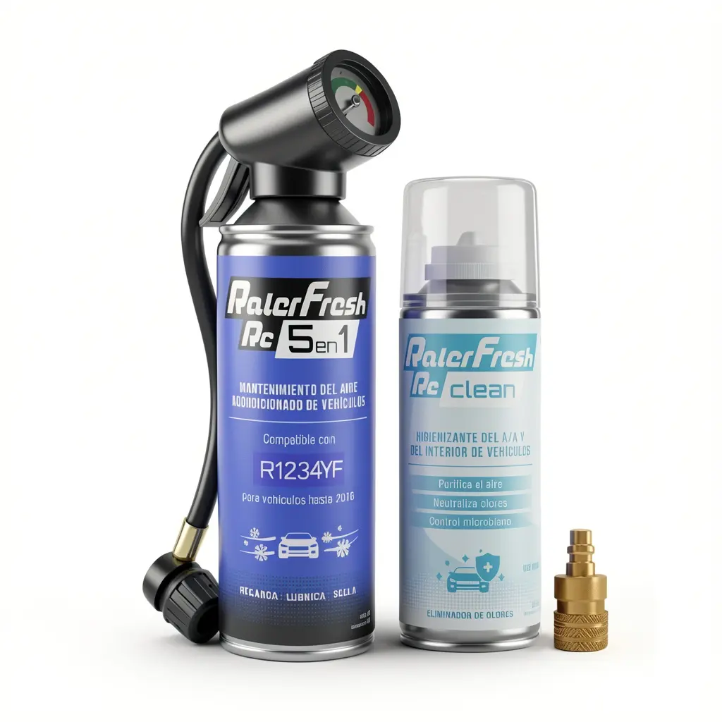 Gas Refrigerante Ralerfresh RC 5en1 400ml para sistemas con R1234YF con Manómetro y RcClean