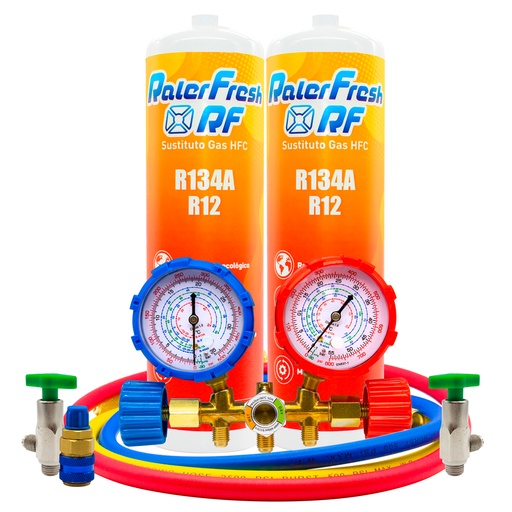 [2RFM134A] Pack 2 Botellas Ralerfresh RF sustituto del gas R12 y R134A mas llave, manometro R134 y conector rapido