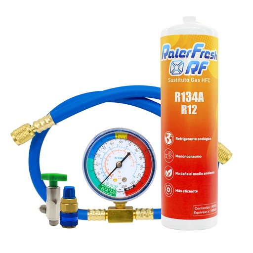 [RFMANMC] Gas Refrigerante Ralerfresh RF para aire acondicionado, sustituto del gas R12 y R134A mas manometro con manguera y conector