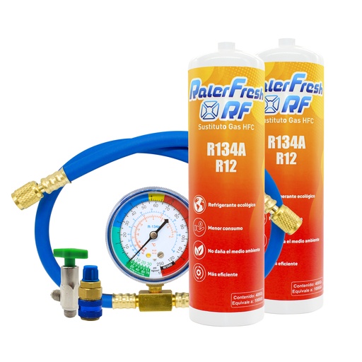 [2RFMANMC] 2 botellas Gas Refrigerante Ralerfresh RF, sustituto del R12 y R134A mas manometro con manguera y conector