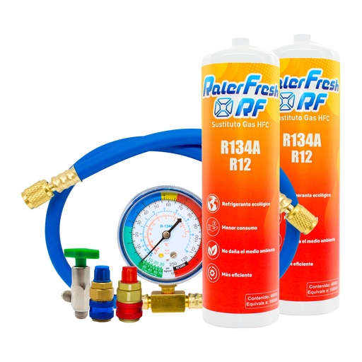 [2RFMANMCS] 2 botellas Gas Refrigerante Ralerfresh RF, sustituto del R12 y R134A mas manometro con manguera y conectores