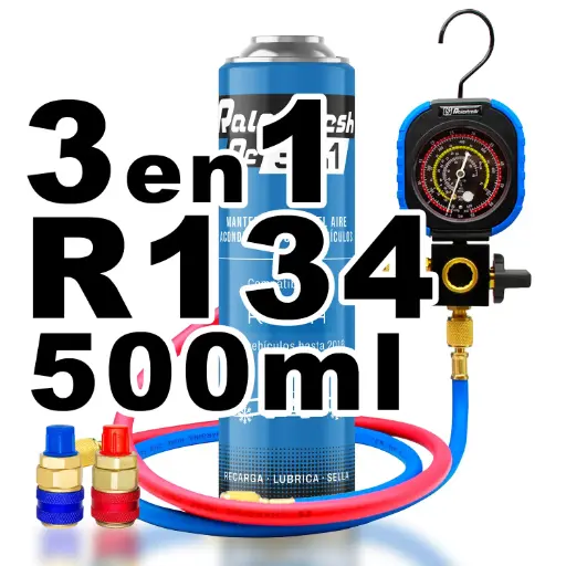 [RC1331-A] Pack Gas Refrigerante Ralerfresh RC R134A 3en1 500ml con Manometro RF31, llave y conectores