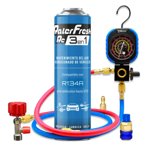 [RC1331-L1] Pack Gas Refrigerante Ralerfresh RC R134A 3en1 500ml con Manometro RF31, llave y conector