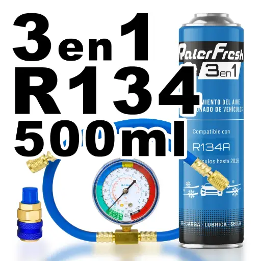 [RC1331-C] Pack Refrigerante Ralerfresh RC R134A 3en1 500ml con Manometro RF32, llave y conector rápido