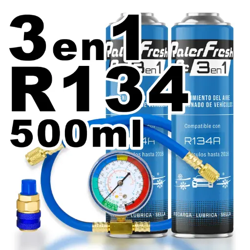 [RC1331-C2] Pack gas refrigerante 2 botellas Ralerfresh RC R134A 3en1 500ml con Manometro RF32, llave y conector rápido