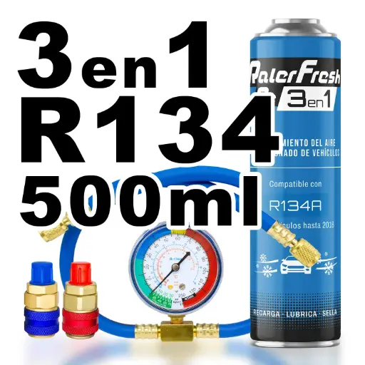 [RC1331-D] Pack Gas Refrigerante Ralerfresh RC R134A 3en1 500ml con Manometro RF32, llave y conectores