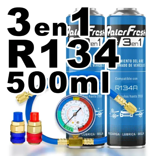 [RC1331-D2] Pack gas refrigerante 2 botellas Ralerfresh RC R134A 3en1 500ml con Manometro RF32, llave y conectores