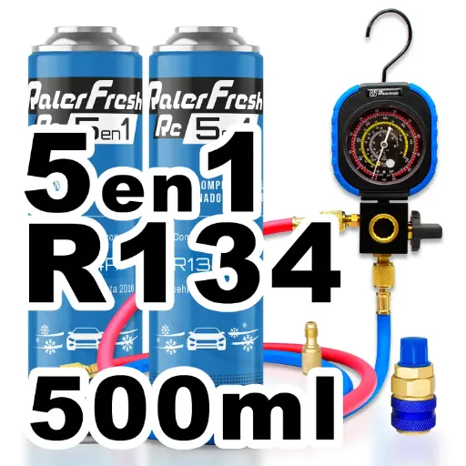 [RC1351-B2] Pack gas refrigerante 2 botellas Ralerfresh RC R134A 5en1 500ml con Manometro RF31, llave y conector rápido
