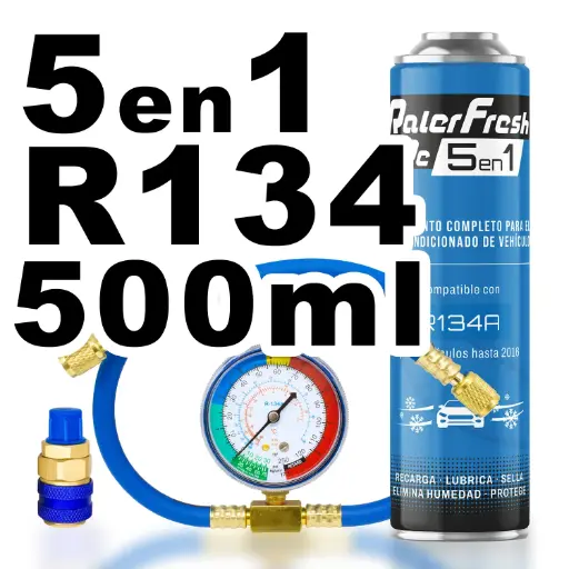 [RC1351-C] Pack gas refrigerante 1 botella Ralerfresh RC R134 5en1 500ml con manómetro RF32, manguera y conector
