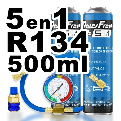 [RC1351-C2] Pack gas refrigerante 2 botellas Ralerfresh RC R1234A 5en1 500ml con Manometro RF32, llave y conector