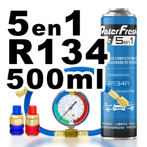 [RC1351-D] Pack gas refrigerante 1 botella Ralerfresh RC R134A 5en1 500ml con Manometro RF32, manguera y conectores